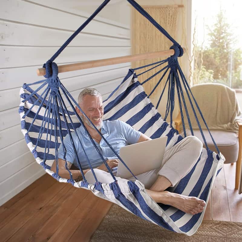 Cotton Canvas Swing Seat Hanging Hammock Chair with Pillows and Wooden Bar for Indoor or Outdoor - 39” x 51”