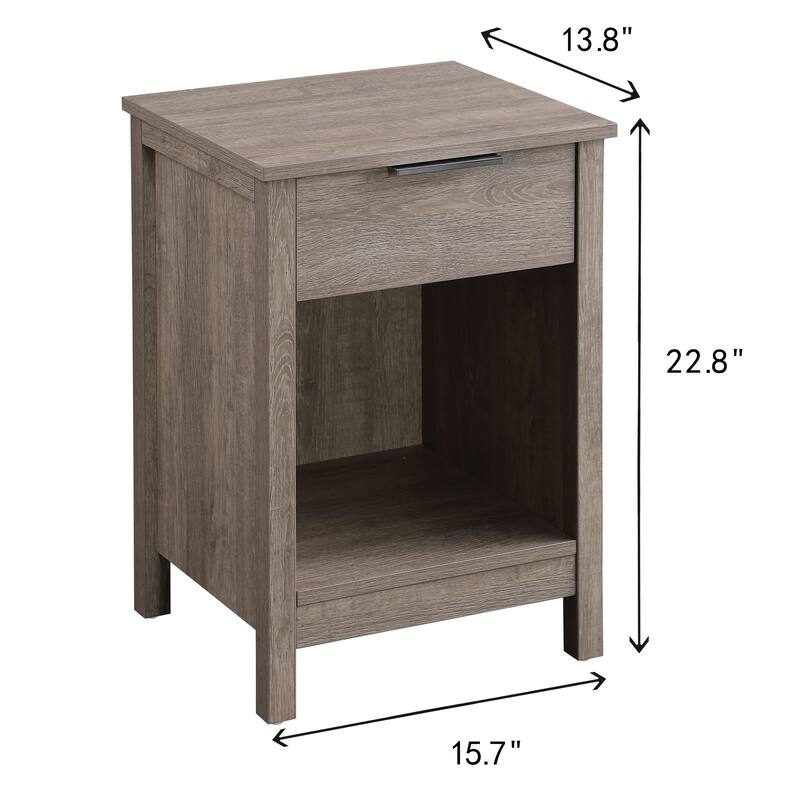 Rustic Grey Nightstand with Drawer and Open Shelf, Easy Assembly, Sturdy Side Frames, Versatile for Bedroom or Living Room