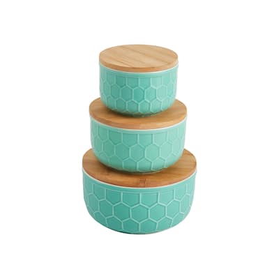 Set of 3 Round Mint Green Stoneware Bowls with Bamboo Lids