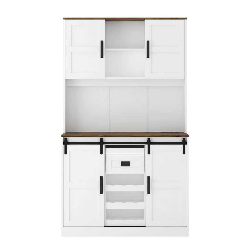 Bar Cabinet with Sliding Barn Door, Coffee Hutch with Adjustable Shelves, Kitchen Storage Cabinet with Outlets and USB Ports