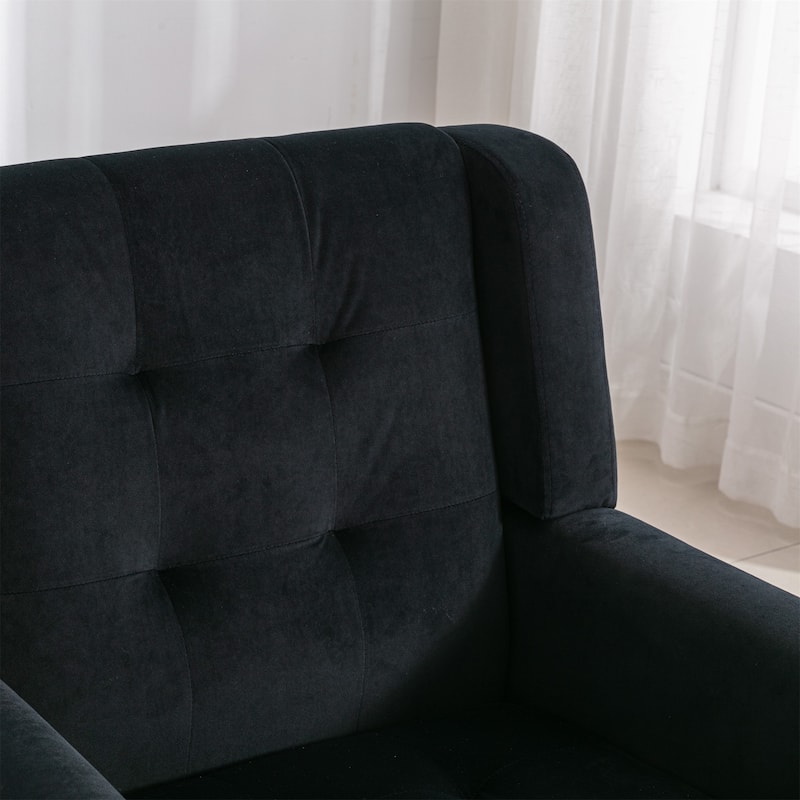 Black Velvet Modern 29.53" Upholstered Buttons Tufted Accent Chair with Black Solid Wood Legs