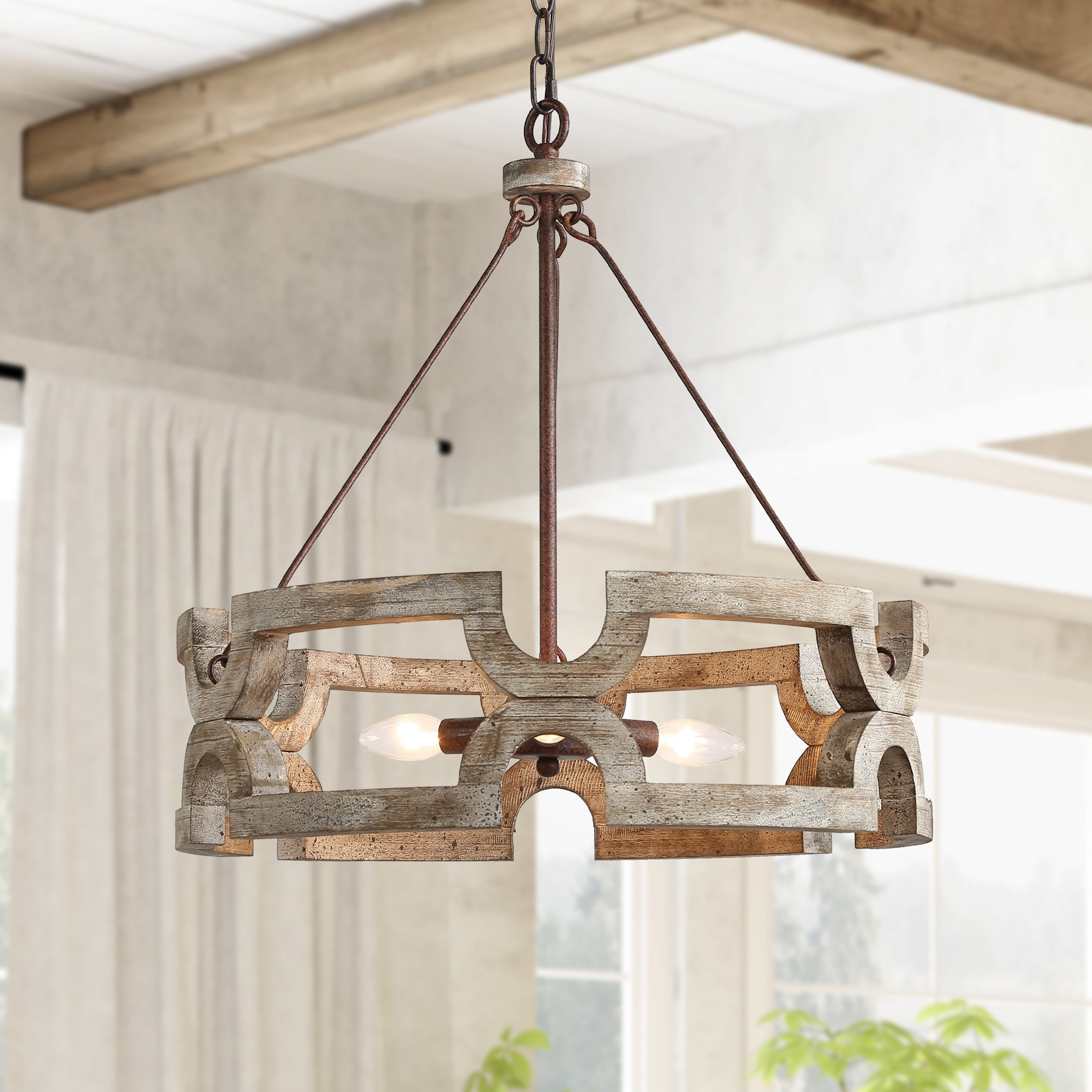 LALUZ Farmhouse 3-Light Wood Drum Chandelier Coastal Rustic Pendant for Dining Room Foyer