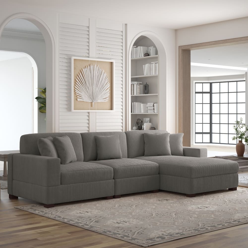 118" W Corduroy L-shape Modular Sectional Sofa with Pillows