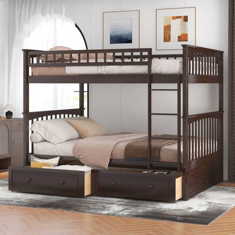 Full over Full Bunk Bed with Drawers, Convertible Beds - Espresso