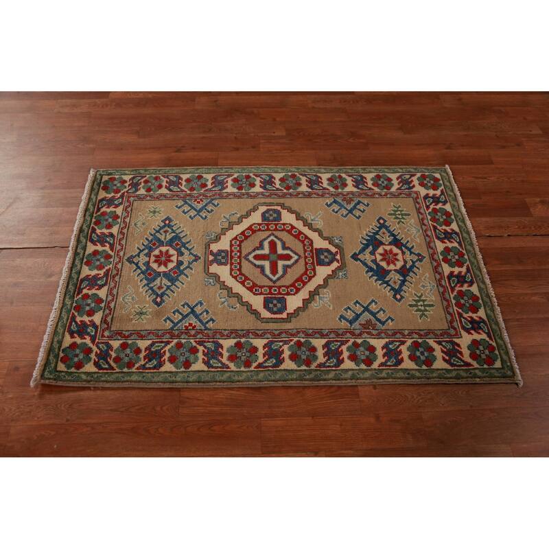 Brown Geometric Kazak Foyer Rug Hand-Knotted Wool Carpet - 2'7"x 4'0"