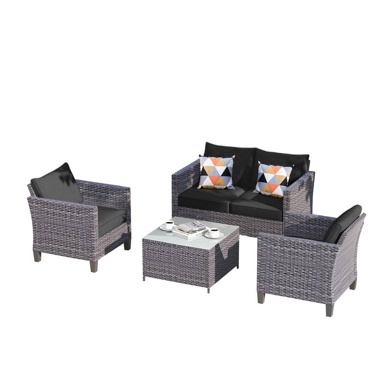 OVIOS 4-piece Loveseat Patio Furniture Outdoor Wicker Set With Glass-Top Table
