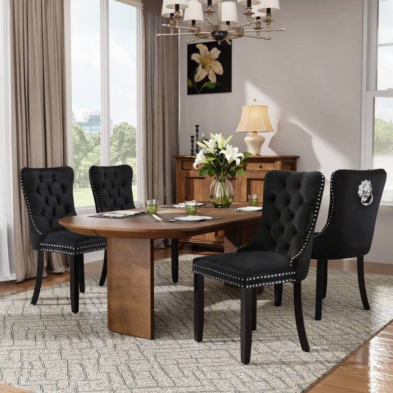 High-end Tufted Velvet Upholstered Nailhead Dining Chair Set of 4 - Black