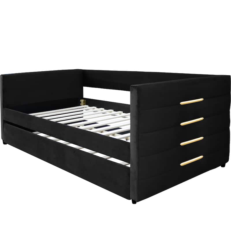 Black Velvet Upholstered Daybed with Gold Accent Strips & Trundle, Twin Sofa Bed for Bedroom, Livingroom, No Box Spring Required