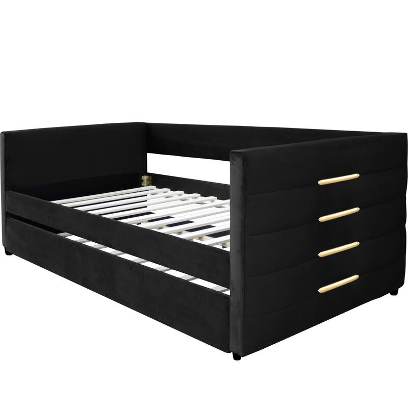 Modern Twin Daybed with Trundle, Velvet Upholstery, Gold Iron Accent, and Wooden Frame, No Box Spring Needed