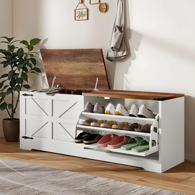 Moasis Farmhouse Shoe Storage Bench and Shoe Cabinet with Flip Drawer & Flip-Top Storage - White