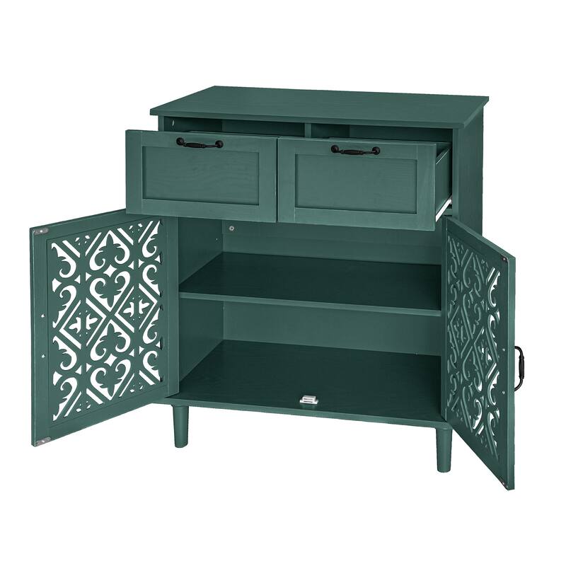Cabinet with 2 Carved Pattern Doors & 2 Drawers, Small Entryway Storage Table, Accent Cabinet with Metal Handles & Wooden Legs