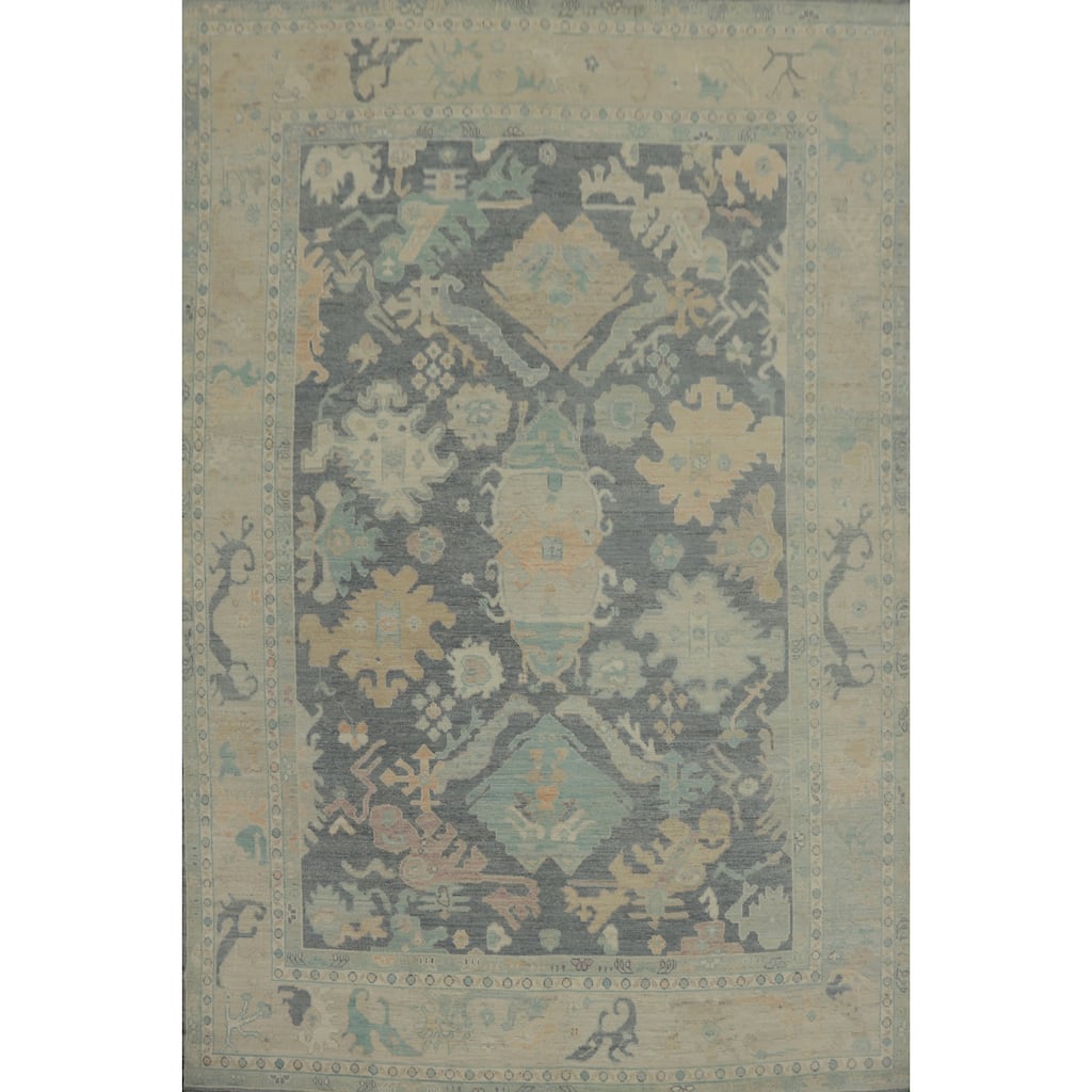 Handmade Gray Oushak Vegetable Dye Area Rug, Floral Geometric Carpet - 11' 9'' X 8' 11''