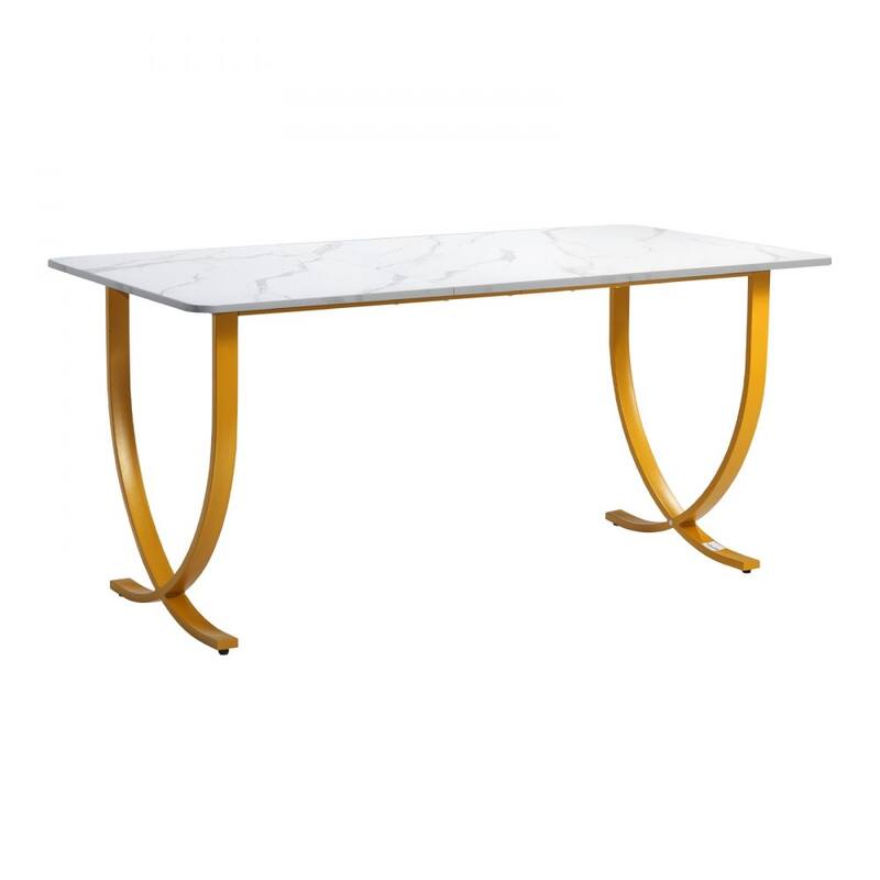 63 Inch White and Gold Computer Desk with Steel Frame for Large Home or Office