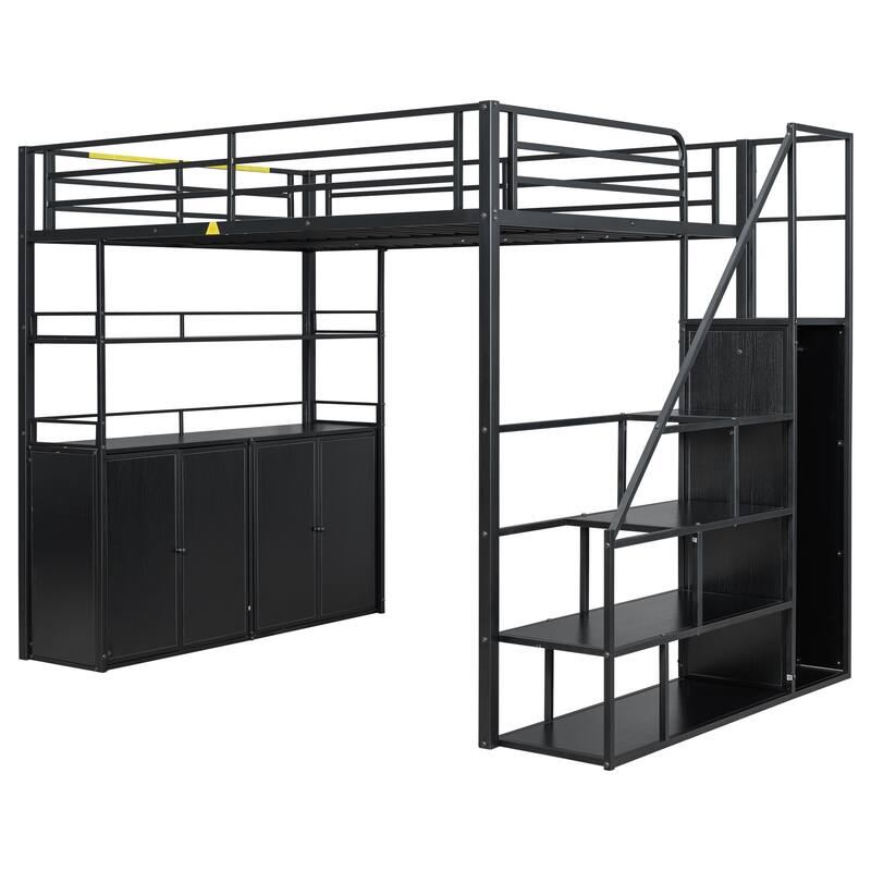 Full Size Metal Loft Bed with Storage Staircase, Wardrobe, Shelves and Lockers