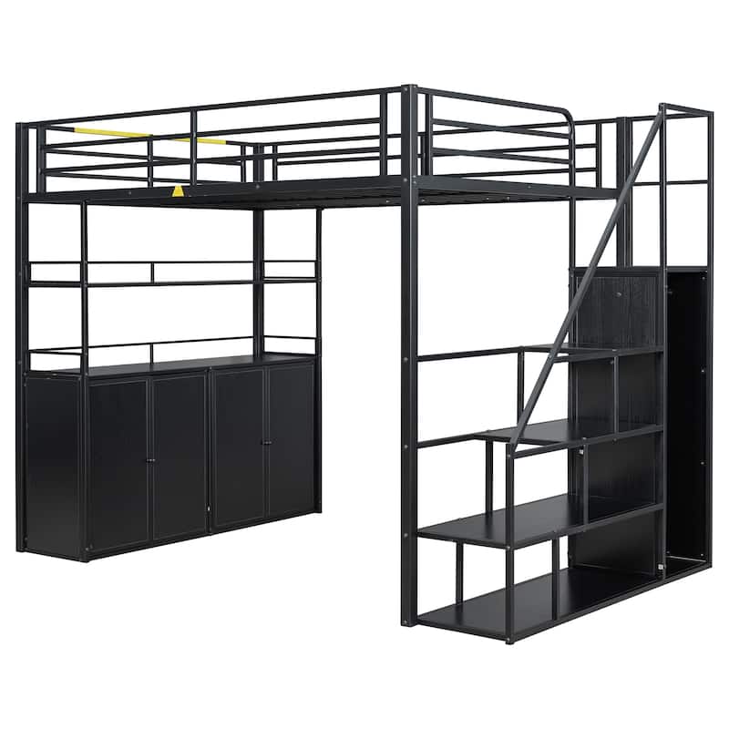 Metal Loft Bed with Storage Staircase and Wardrobe,Shelves and Lockers