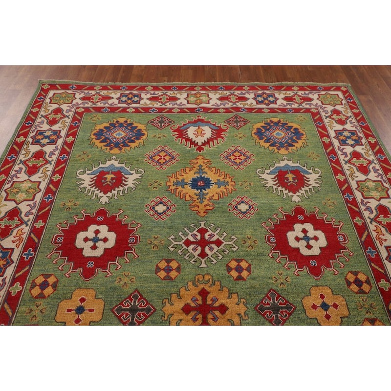 Green Kazak Oriental Area Rug Hand-Knotted Wool Carpet - 6'8" x 9'7"