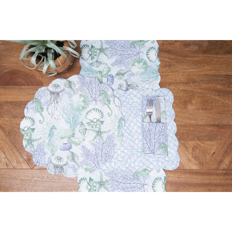Shoreline Waters Scalloped Placemats Set of 6 Nautical Design, 13" x 19"