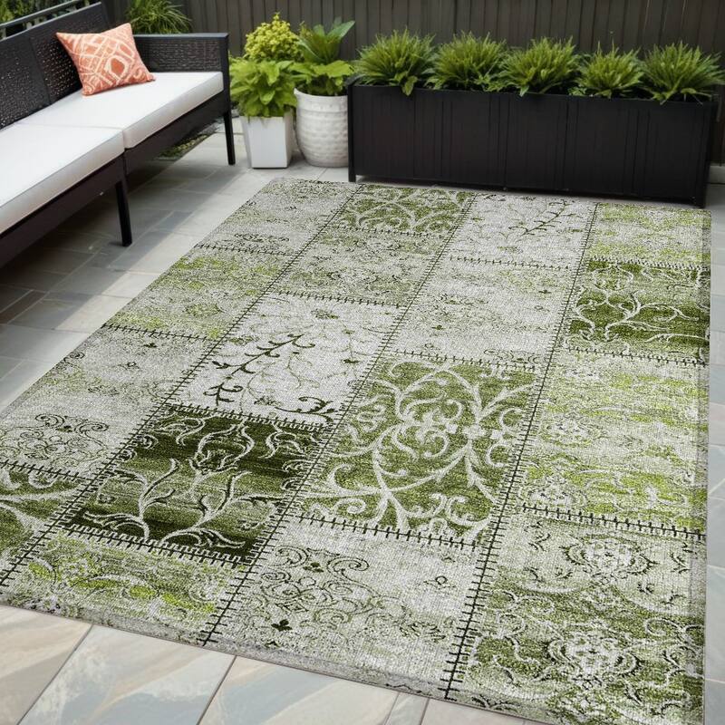Nara Patchwork Weather Resistant Classic Meets Modern Outdoor Rug - 5' X 8' - Green