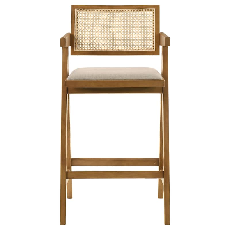 Jane Barstool Chair Set of 2, Sand Beige Rattan, Walnut Brown Solid Wood
