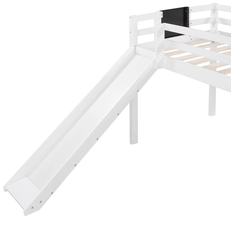 Twin Size Loft Bed Wood Bed with Convertible Ladder and Slide, Solid Wood Twin Kids Bed Frame with Chalkboard for Boys or Girls