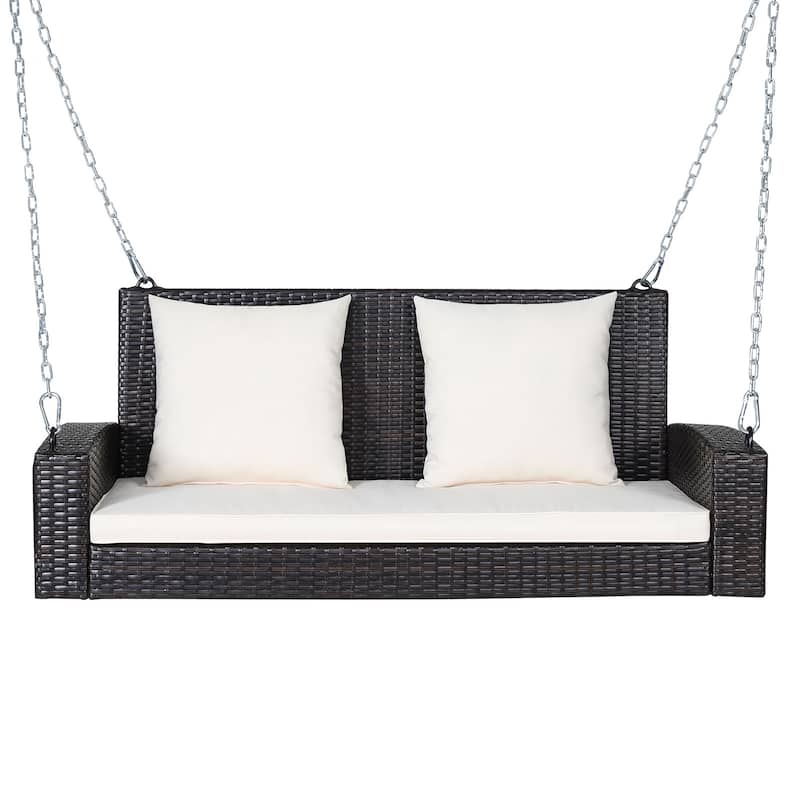 Costway 2-Person Patio Rattan Hanging Porch Swing Bench Chair Cushion