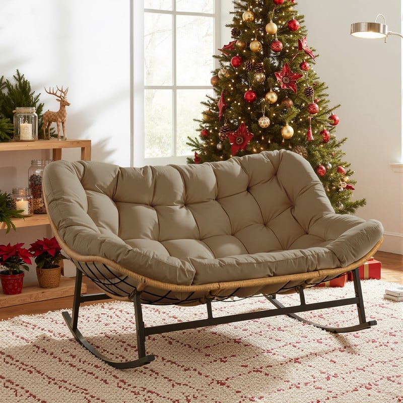 FINCATI Double Papasan Rocking Chair Outdoor Indoor, 700 lbs Heavy-Duty Double Wide Rocking Chair with 5.1 Inch Thick Cushion