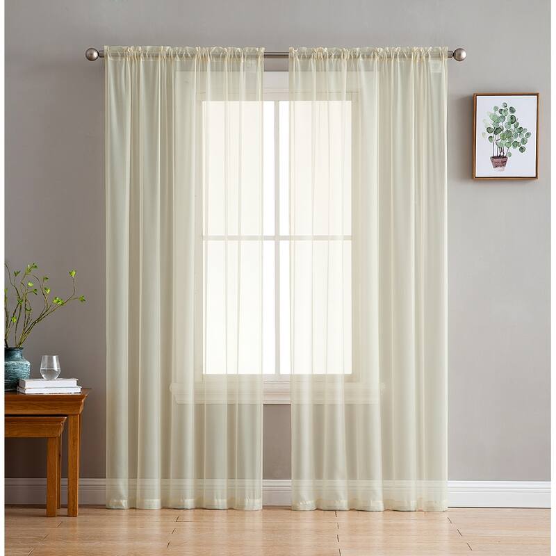HLC.me Sheer Voile Window Treatment Rod Pocket Curtain Panels for Bedroom, Living Room, Kitchen - Set of 2 panels - 54 W x 84 L per panel - Pair - Beige