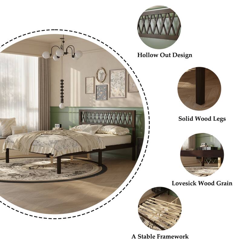 Solid Rubber Wood Platform Bed Frame with Decorative Headboard Queen Size Wooden Bed