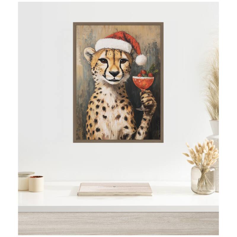 Kate and Laurel Sylvie Framed Canvas Cheetah Festive Cocktail Santa Hat by The Creative Bunch Studio
