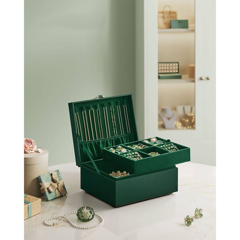 2-Layer Jewelry Organizer Box with Gold Metal Handle Perfect Gift for Birthdays or Anniversaries - 8.1"D x 9.4"W x 4.3"H