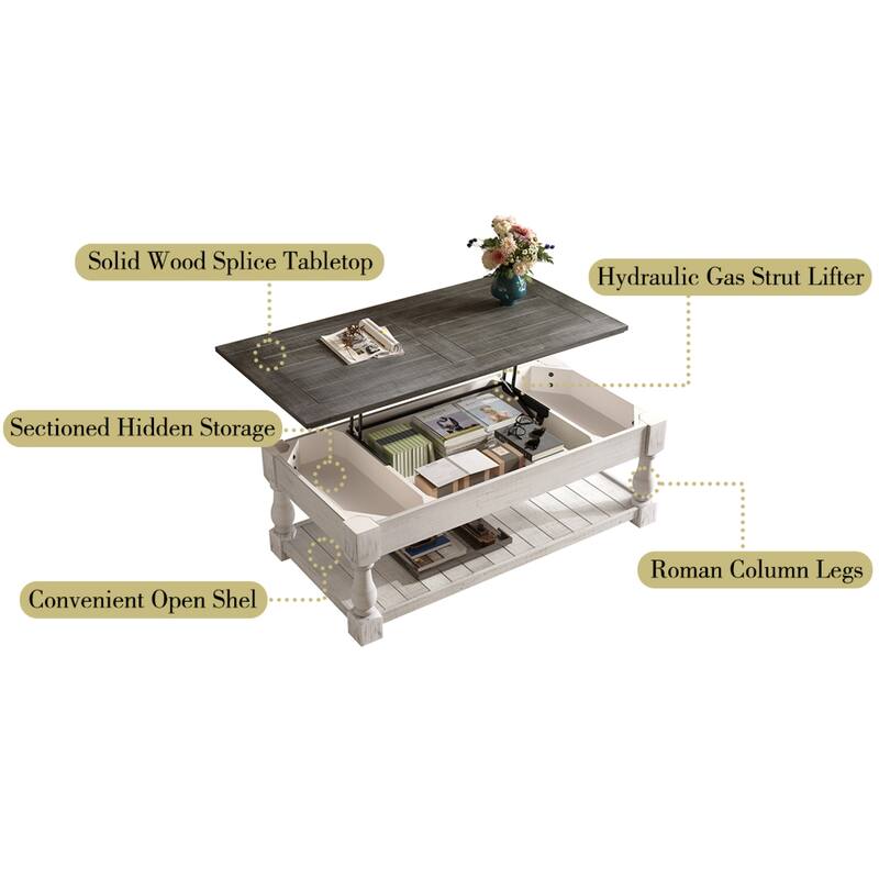 Roomfitters 41" Farmhouse Lift Top Coffee Table, Wood Center Table with 3 Storage Trays and Lower Shelf