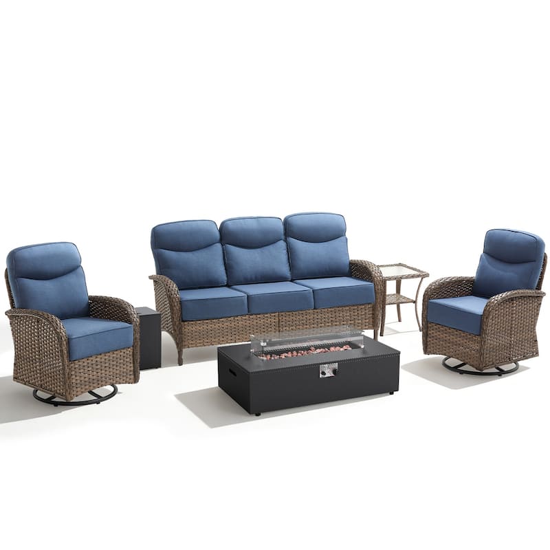 Meyreso 5-Piece Wicker Outdoor Patio Fire Pit Sofa Set with 6-Inch Thick Cushions