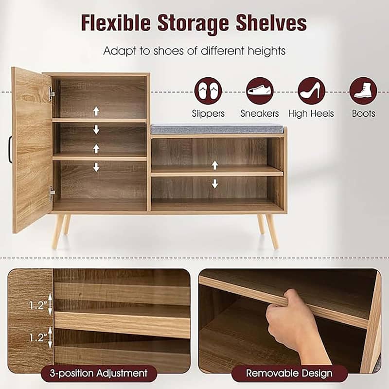 2-in-1 Rattan Shoe Cabinet w/ Bench 3 Adjustable Shelves & Wood Legs