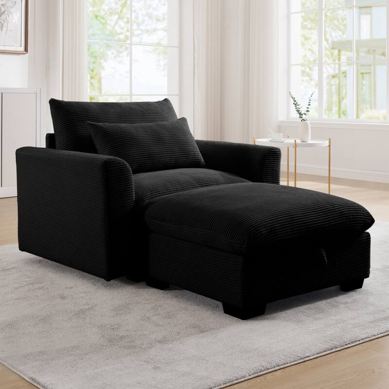 Modern Living Room Chair, Upholstered Fabric Accent Armchair, Corduroy Single Sofa Chair with Ottoman for Office/Bedroom