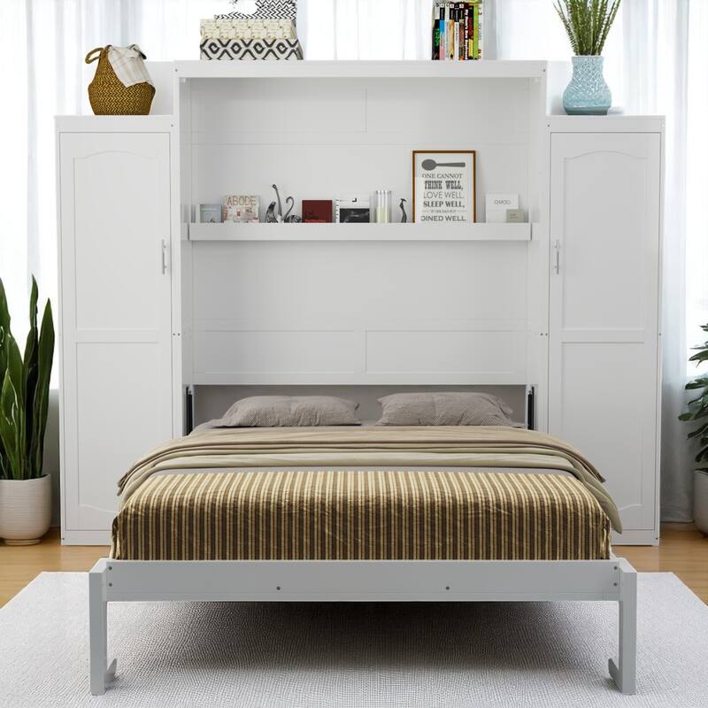 Full/Queen Murphy Bed with 2 Wardrobes and Shelf, Foldable Wall Bed Frame with Storage for Guest Room or Bedroom