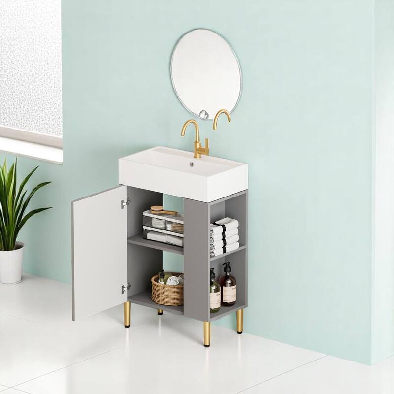 21.6" Contemporary Bathroom Vanity with Ceramic Sink, Soft-Close Door, Open-Shelving Storage Cabinet, Brushed Gold Hardware