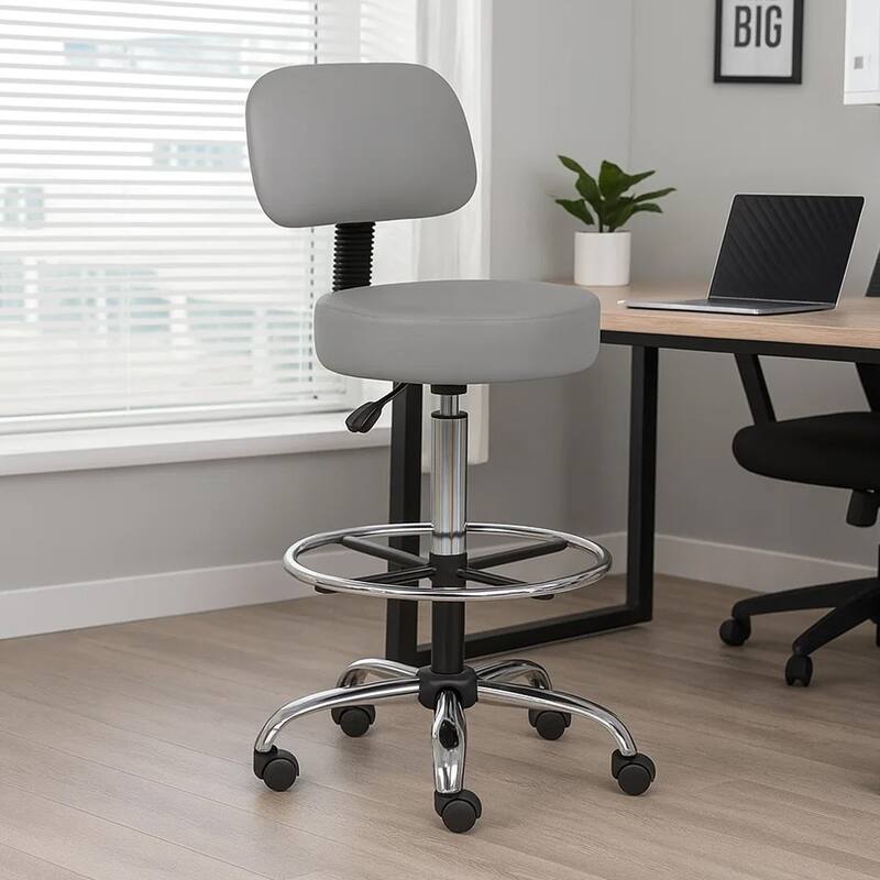 Fea Medical Drafting Stool, Gray Vinyl, Low Back and Padded Seat, Chrome