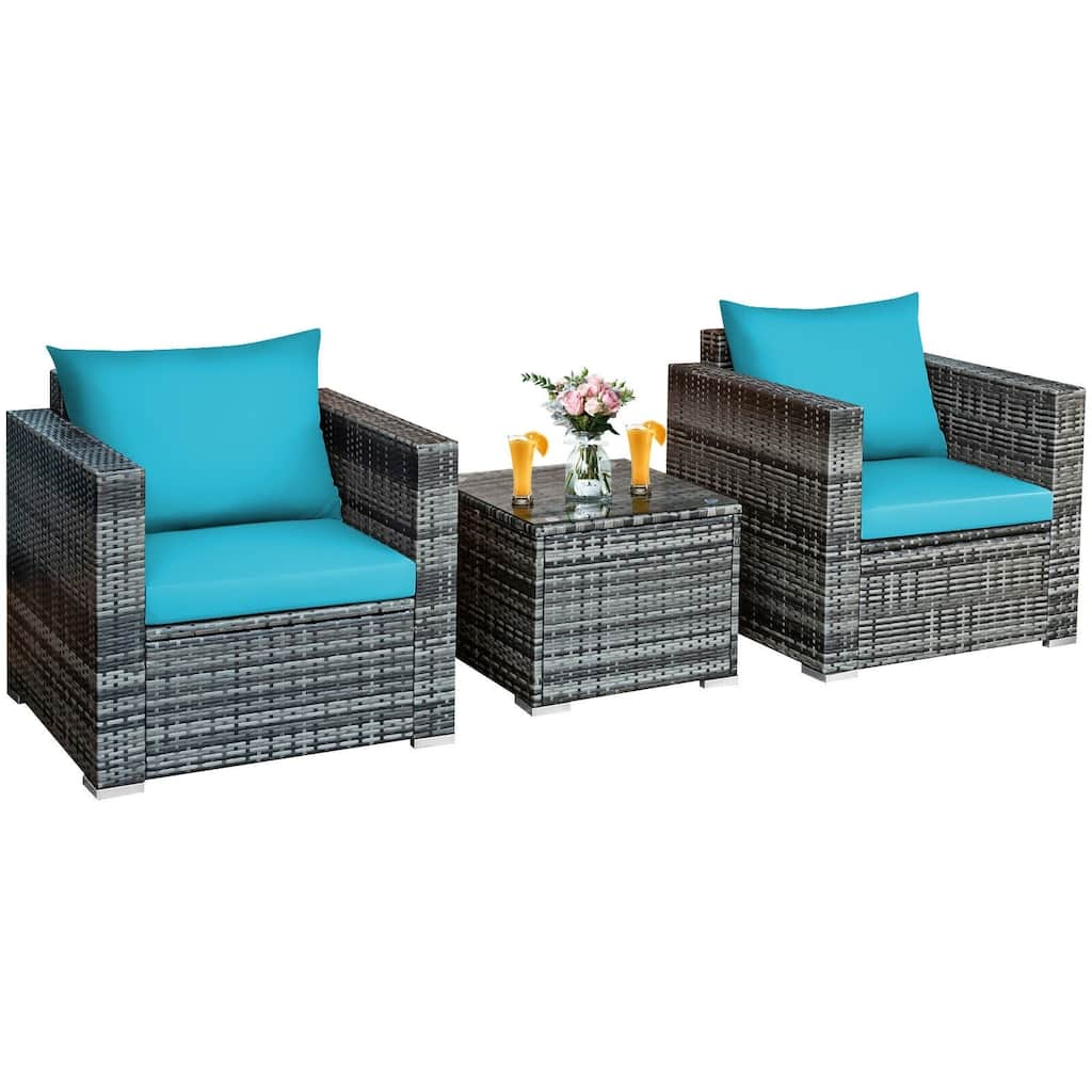 3 Pieces Patio Rattan Furniture Bistro Sofa Set with Cushioned - 28.5" (L) x 27.5" (W) x 27" (H)