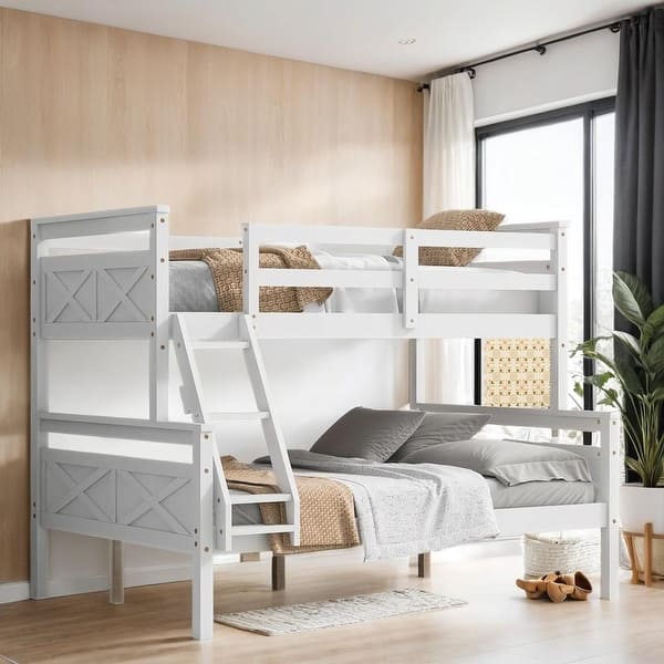 slide 2 of 9, Contemporary Twin over Full Bunk Bed with Ladder, Sturdy Construction & Safety Guardrail, Save Space or Split Into 2 Beds, White White