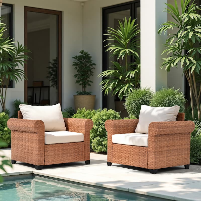 2-Piece PE Rattan Patio Armchair Set with Cushions - Beige