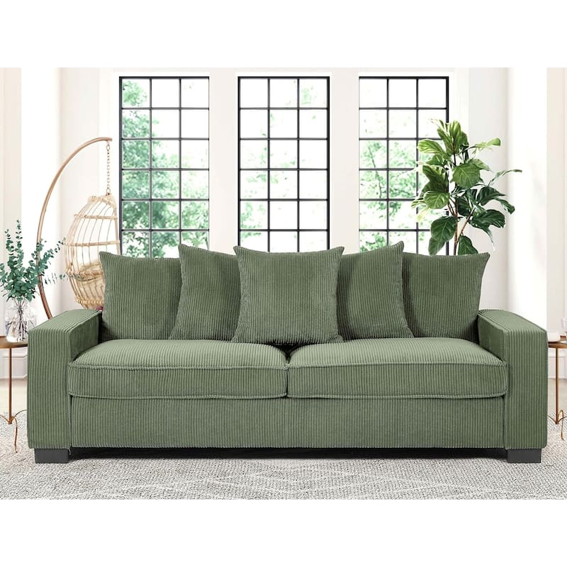 Luxe Living Room Sofa with 5 Complementary Toss Pillows Soft Corduroy Upholstery Streamlined Large - Dark Green