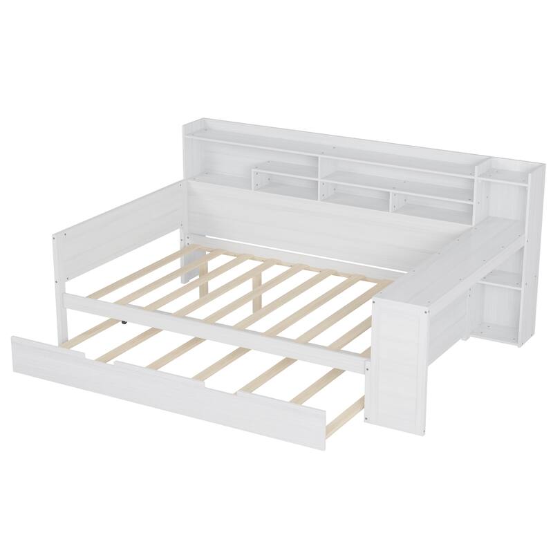 Full Size Daybed with Storage Shelves, Multi-Functional Bed with Twin Trundle and Built-In Study Desk, Space-Saving Design