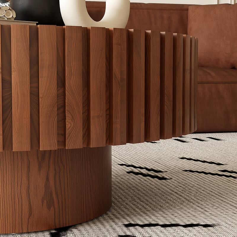Modern Round Coffee Table Stylish Coffee Table Olive Shaped Coffee Table with Handmade Relief and Base, for Living Room