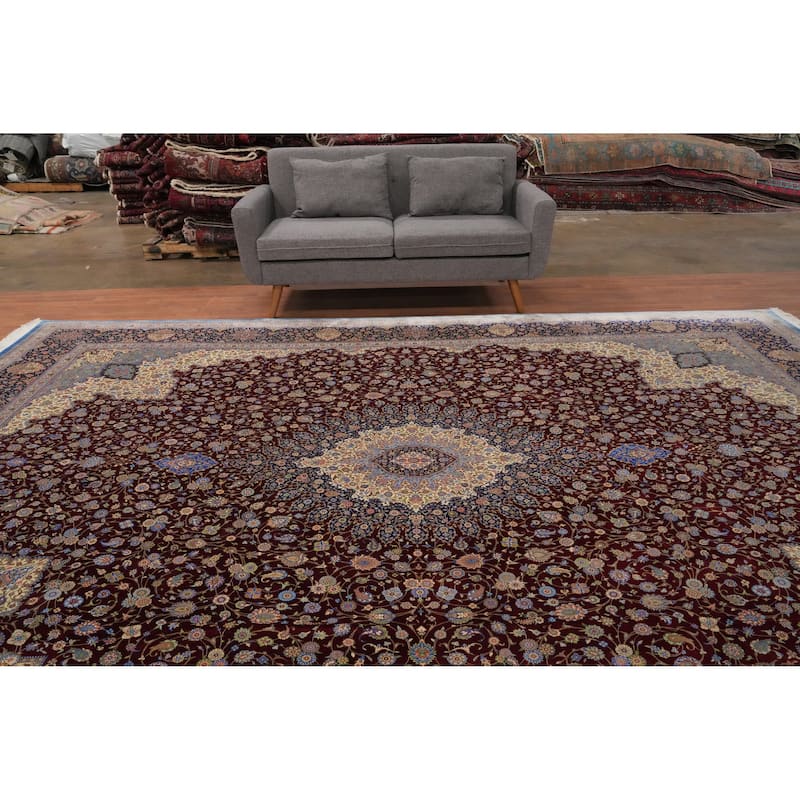 Hand Knotted Oriental 100% Silk Carpet Traditional Floral Red Qum Area Rug - 13' 2'' X 9' 7''