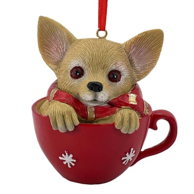 Teacup Chihuahua Puppy Christmas Figurine Ornament 3.5" Red and Brown
