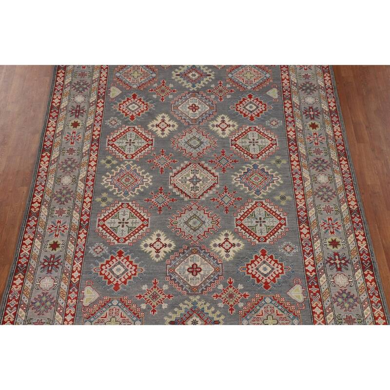 Oriental Geometric Kazak Area Rug Hand-Knotted Wool Carpet - 6'10" x 9'11"