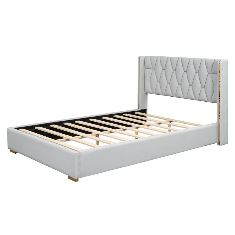 Contemporary Full Size PU Upholstered Platform Bed with Wooden Frame and Slat Support