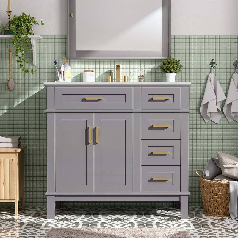 Modern Bathroom Vanity with Ceramic Sink,Soft Close Doors,and Ample Storage for Small Bathrooms - Gray