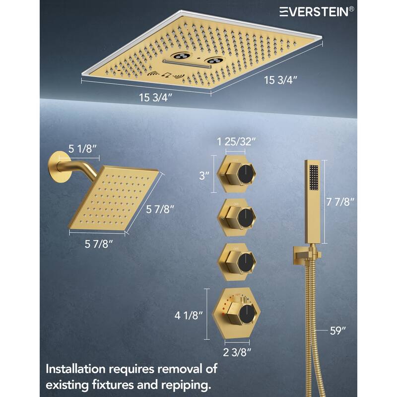 Thermostatic Music Shower System Dual Heads 16" & 6" Rainfall Waterfall LED Shower Head with High Pressure Handheld Spray