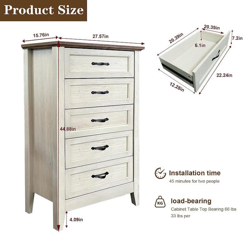 5 Drawers Dresser for Bedroom, Wood Tall Chset of Drawers, Farmhouse Dresser Chests with Metal Handle for Bedroom,Living